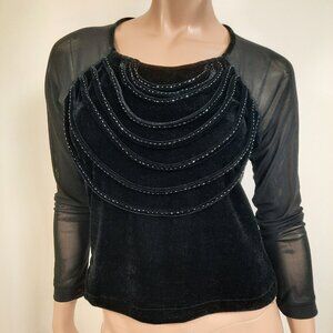 Vintage 90s Black Velvet Top Sheer Mesh Long Sleeves Whimsygoth Gothic Size M